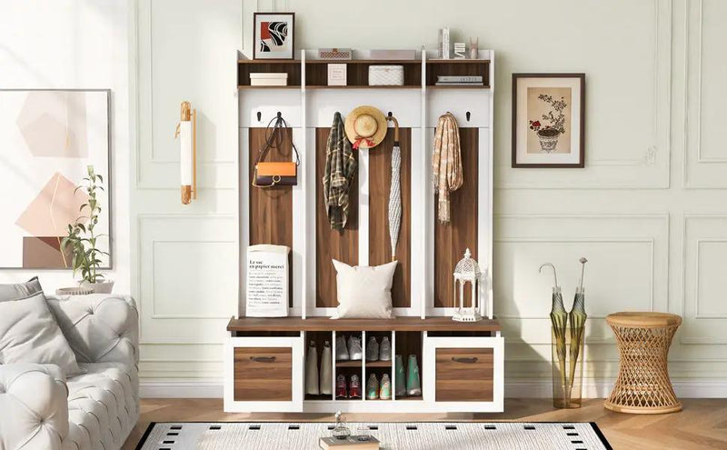 5 In 1 Entryway Bench With Coat Rack, 7 Sturdy Hooks, 2 Spacious Drawers And Adjustable Shelves by HouseOfZazla