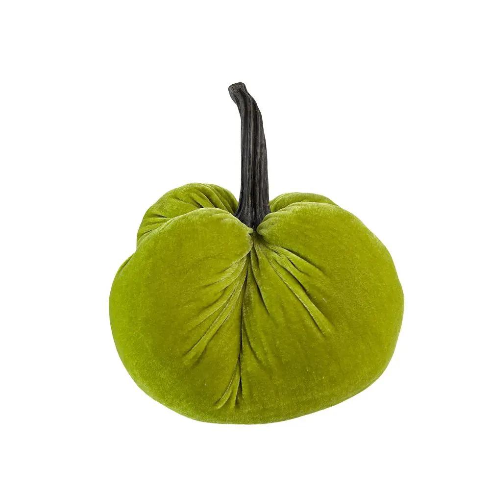 Velvet Weighted Pumpkin With Resin Stem Apple, Pumpkin Ornament Decor For Holiday Harvest Festival Fall Festival & Thanksgiving (Set of 2) - Green by Unique Piece Furniture