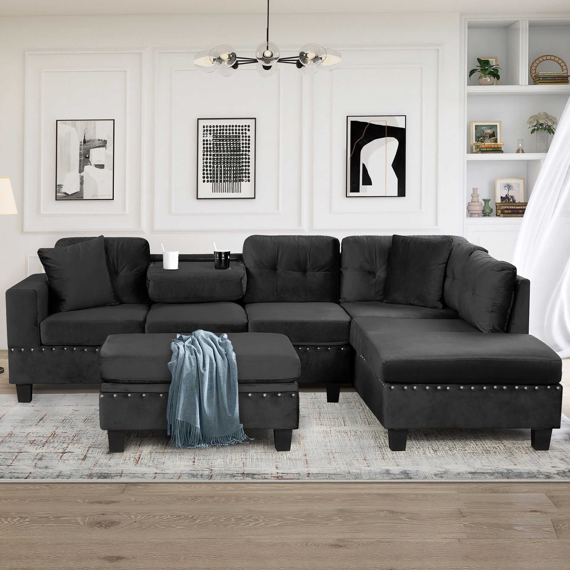 Modern Sectional Sofa With Storage Ottoman, L - Shape Couch With 2 Pillows And Cup Holders by HouseOfZazla