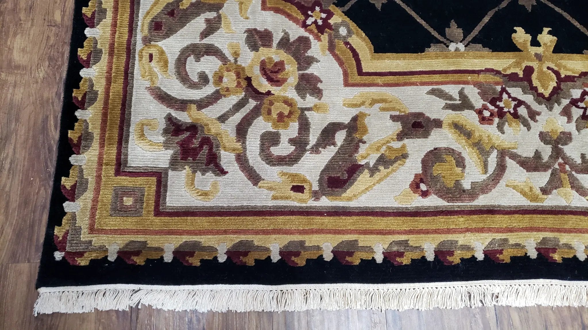 6x9 Nepalese Rug, Aubusson Savonnerie Area Rug 6 x 9 with Soft Pile, Hand-Knotted Wool Black & Beige Tibetan New Carpet European Design by Jewel Rugs