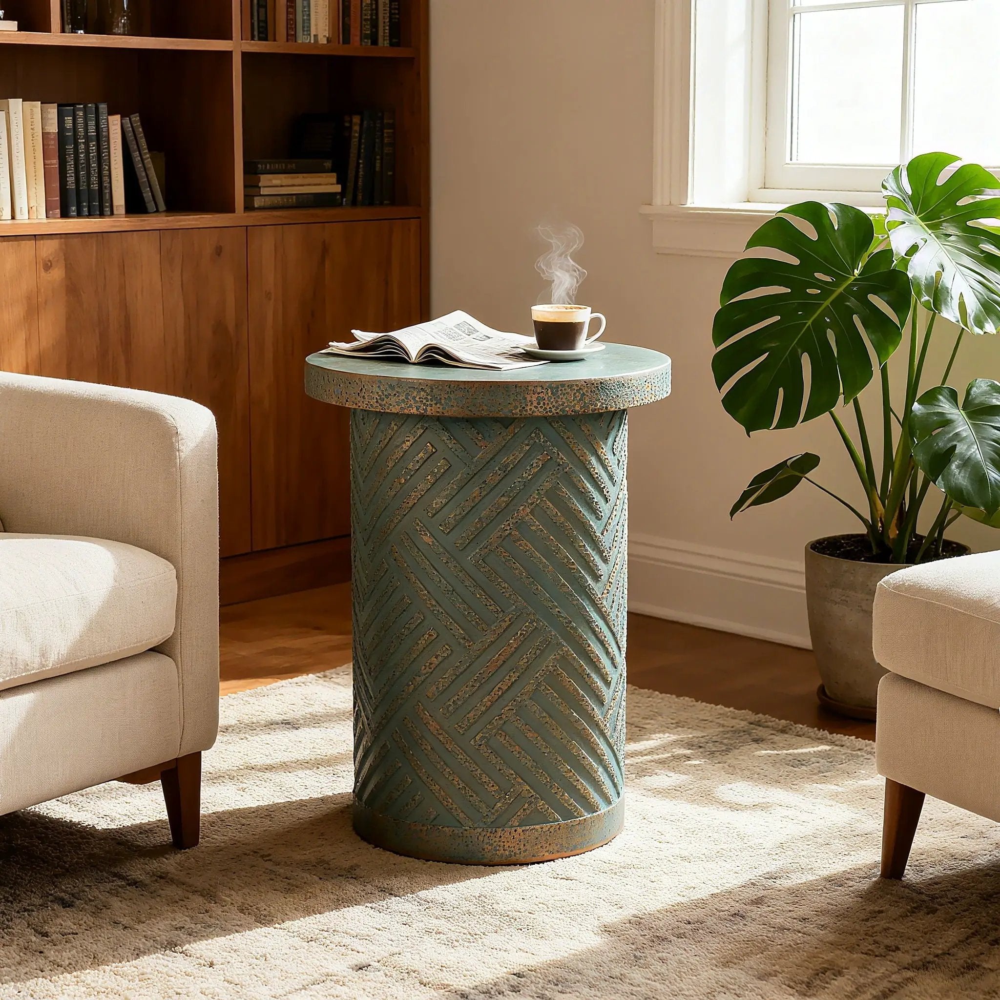 Round Outdoor End Table With Tree Stump Design For Patio - Golden / Green / Peacock by Unique Piece Furniture