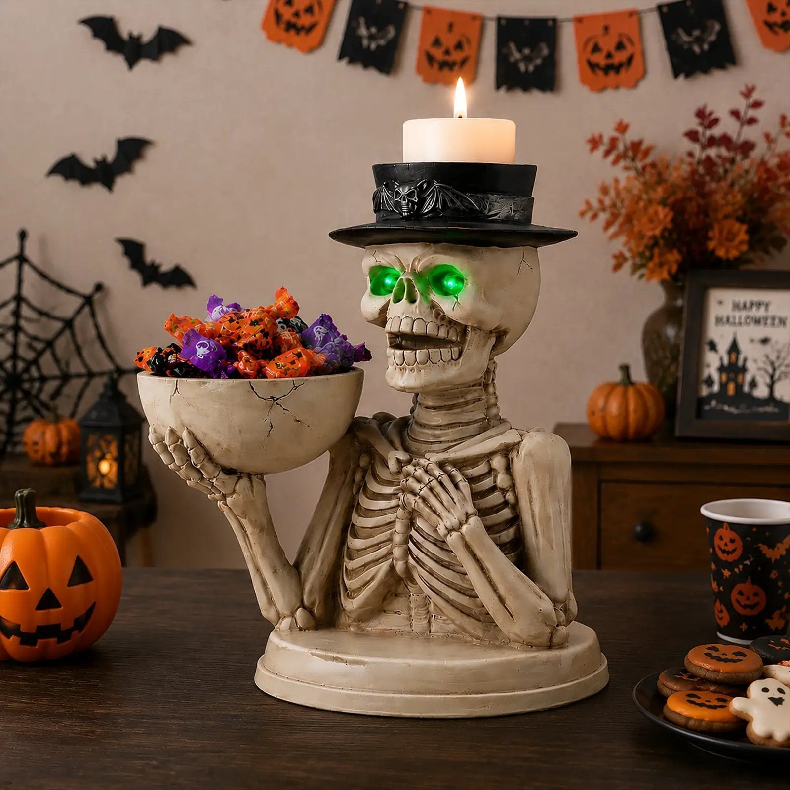 Halloween Skeleton Figurine with Storage Bowl & Candle Holder by HouseOfZazla