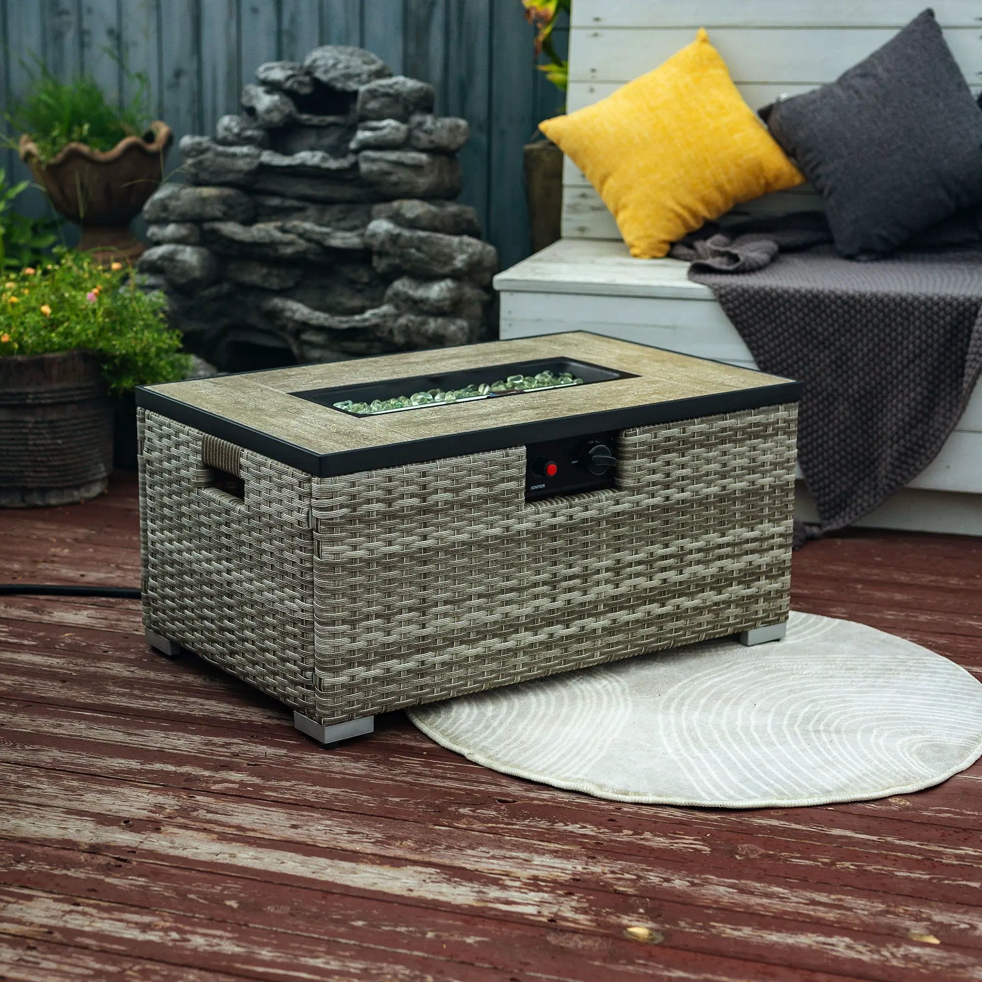 32" Propane Gas Fire Pit Table With Propane Tank Cover, 50000 Btu Rectangular Steel Fire Pit With Beautiful Wicker Base by HouseOfZazla