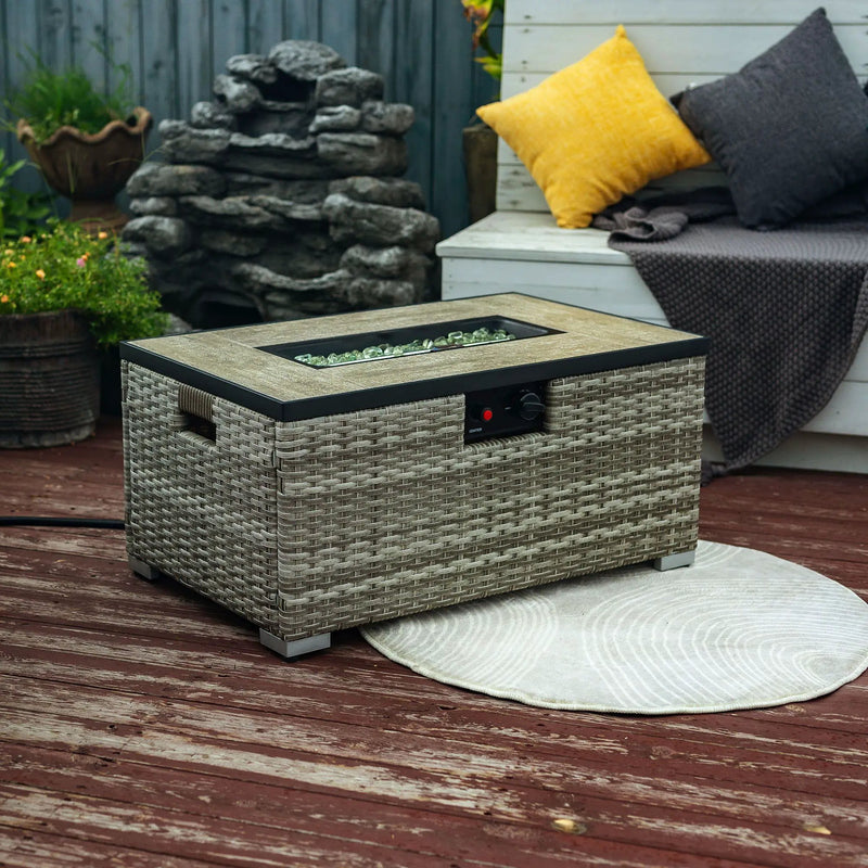 32" Propane Gas Fire Pit Table With Propane Tank Cover, 50000 Btu Rectangular Steel Fire Pit With Beautiful Wicker Base by HouseOfZazla