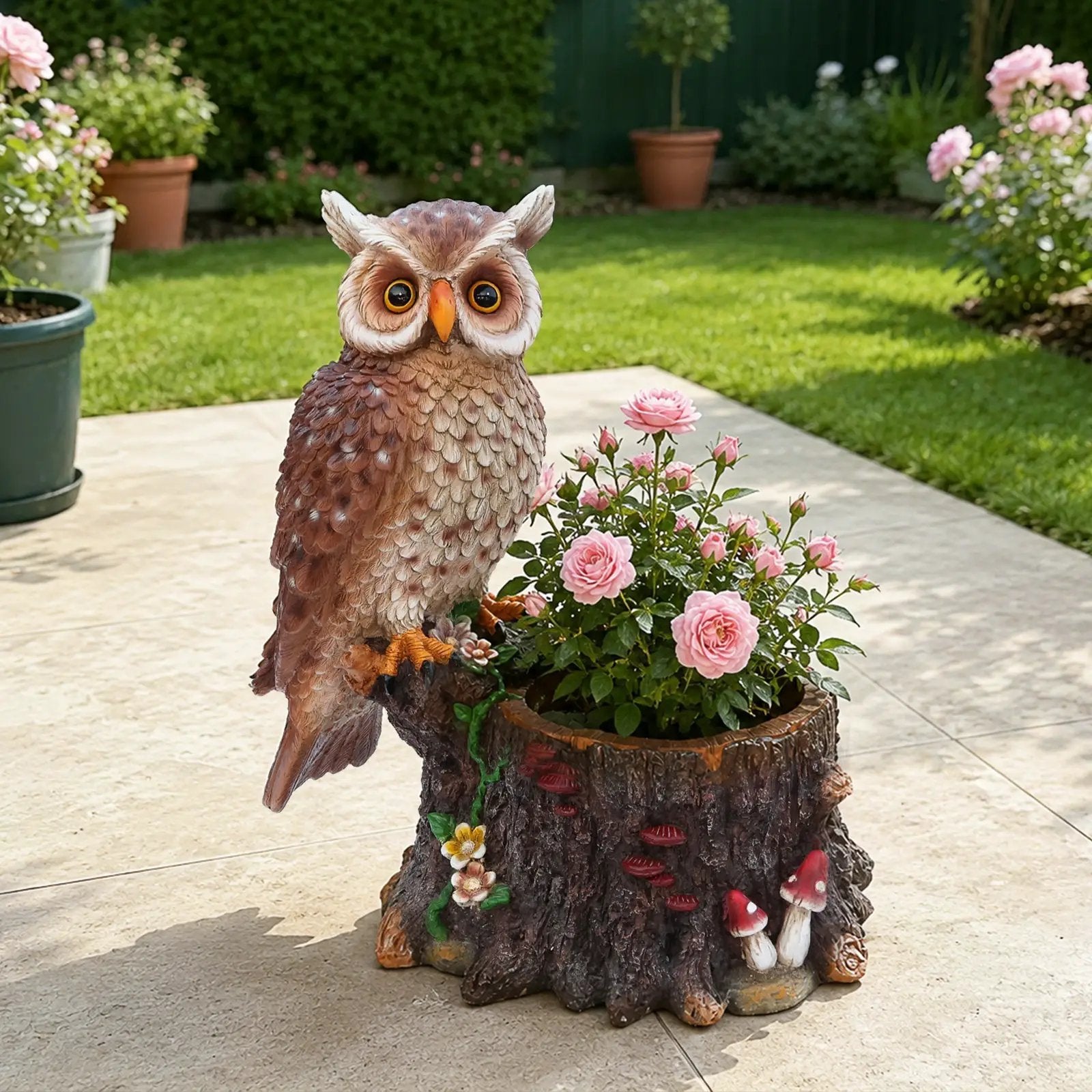 Sitting Owl with Tree Trunk Garden Planter by HouseOfZazla