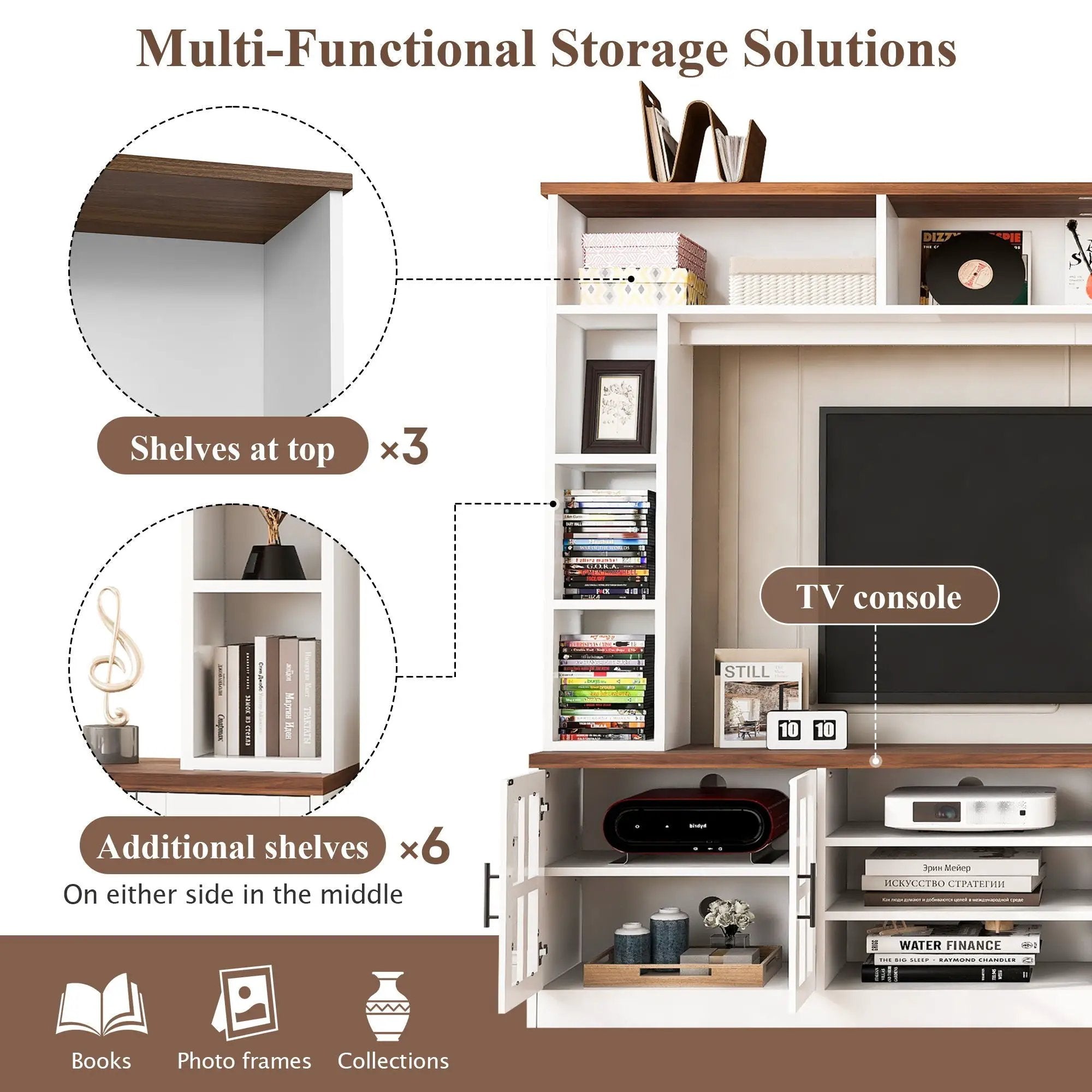 Wall Unit Entertainment Center With Bookshelves For TVs Up To 80", Tempered Glass Doors And Adjustable Shelves by Unique Piece Furniture