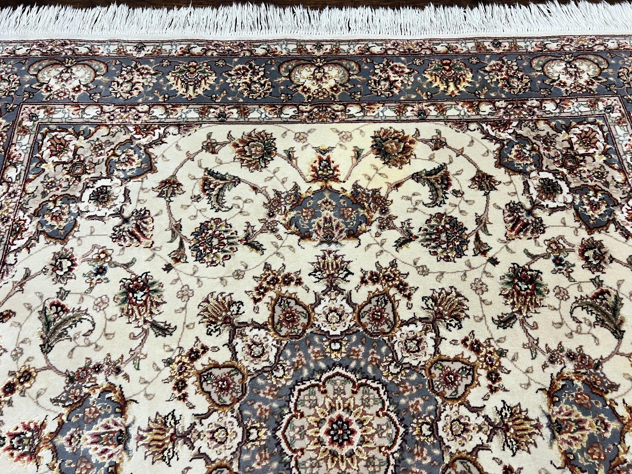 Sino Persian Square Rug 5x5, Very Fine Oriental Carpet, Wool & Silk Highlights, Ivory, Hand Knotted Handmade Vintage Traditional Rug by Jewel Rugs