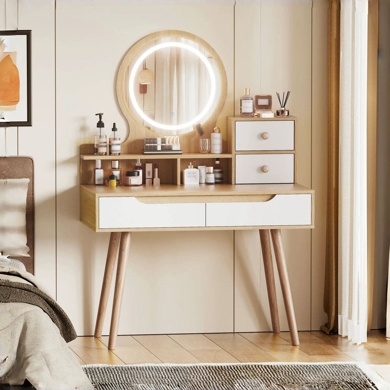 Elegant Makeup Vanity Desk With Adjustable Lighted Mirror Table Feet - American White Oak by Unique Piece Furniture