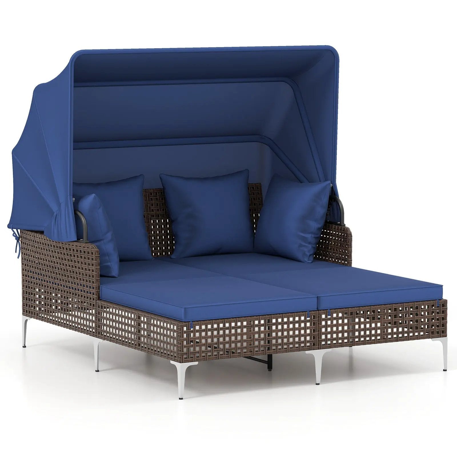 Outdoor Daybed with Retractable Canopy PE Wicker Rattan Patio Lounger by DirectDeals