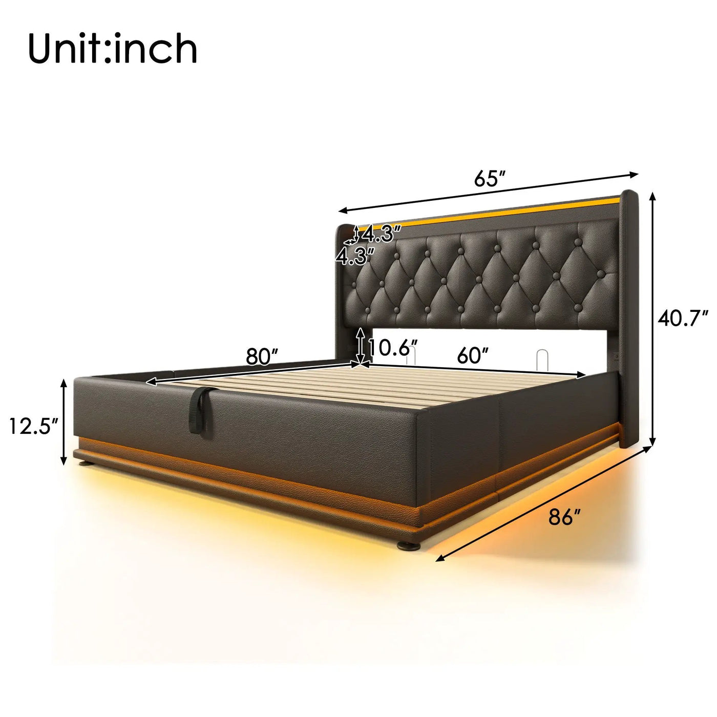 Upholstered Bed, 360 Surround LED Function, Remote Control, Hydraulic Storage Bed With USB, Type-C Charging (Without Mattress) by Unique Piece Furniture