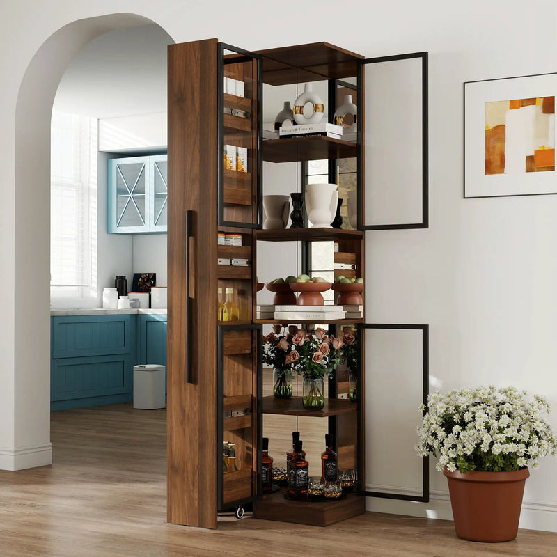 70" Display Cabinet with Glass Doors and Lights, Multi-Tier Storage by HouseOfZazla