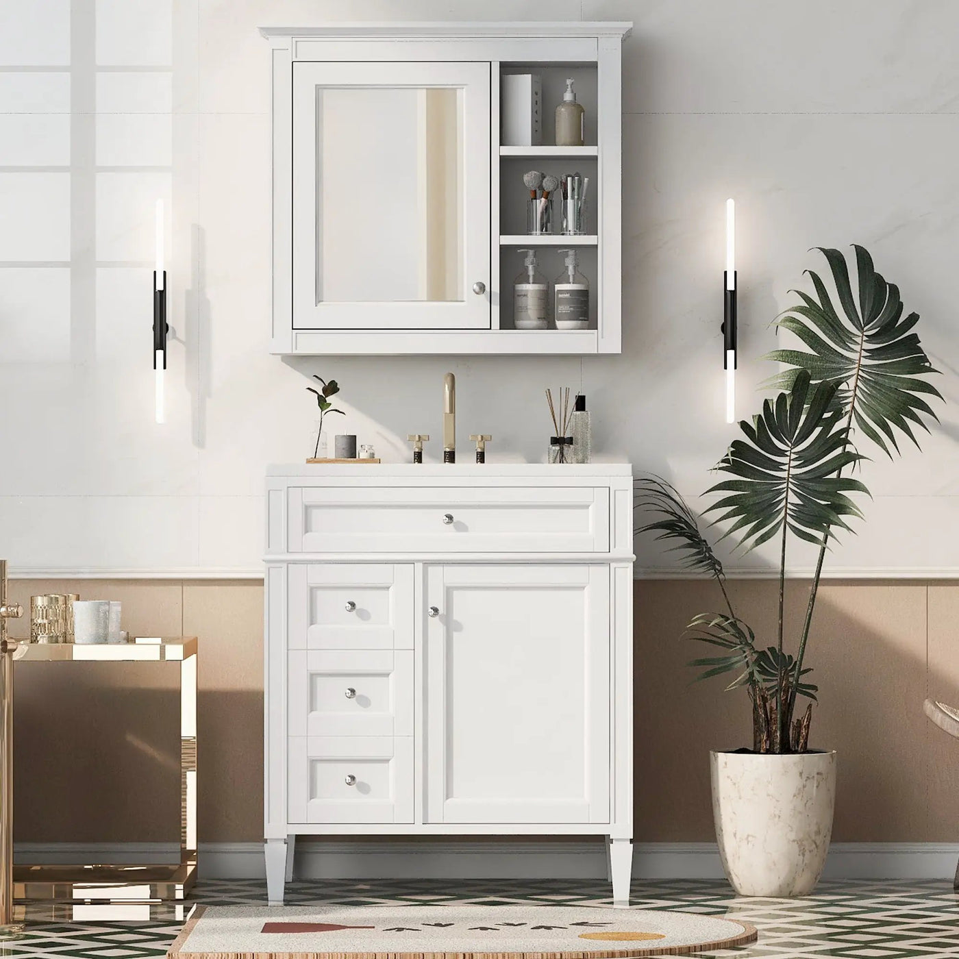 Bathroom Vanity With Medicine Cabinet, Royal Mirror Cabinet, Modern Bathroom Storage Cabinet With 2 Soft Closing Doors And 4 Drawers by Unique Piece Furniture