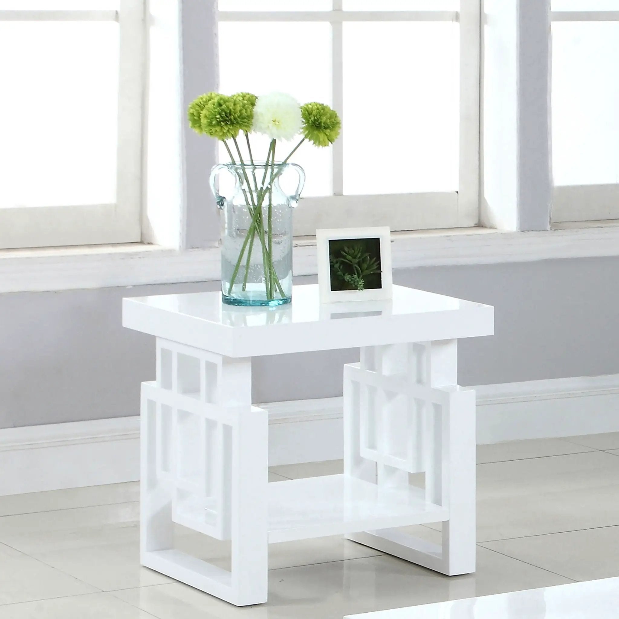 Rectangular End Table With Geometric Design And Open Shelf - White by HouseOfZazla