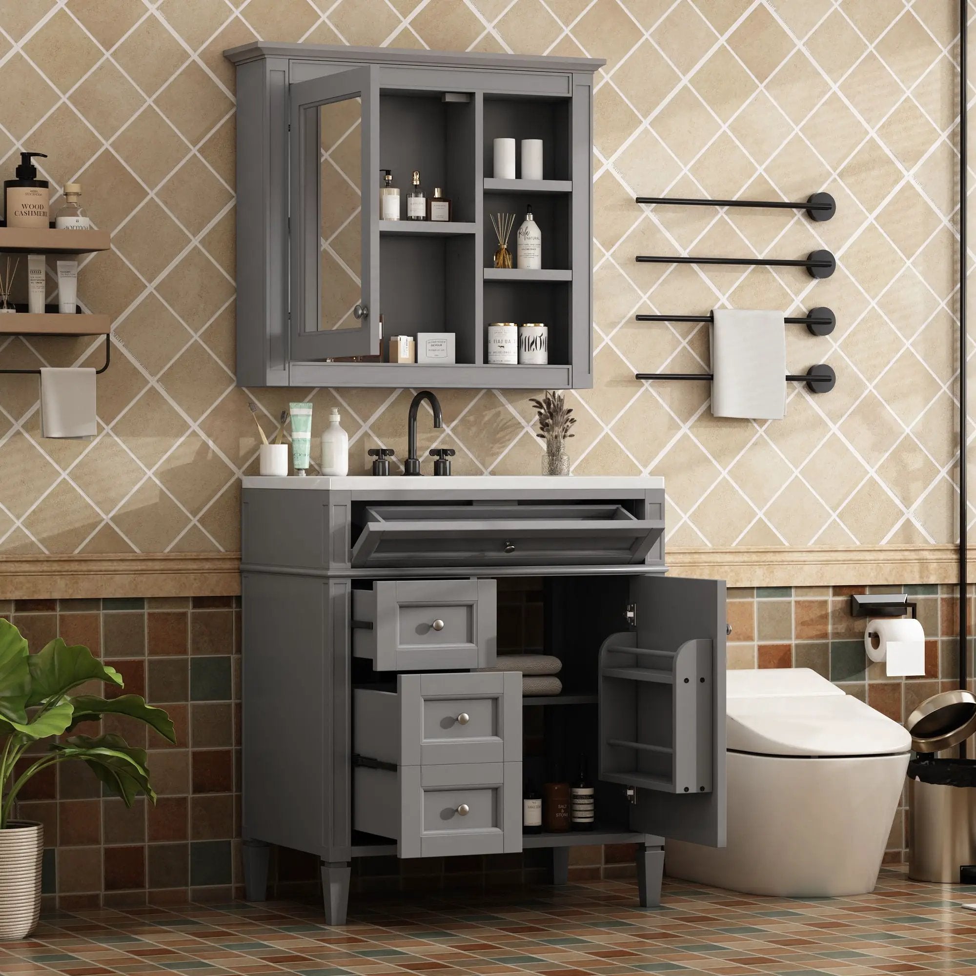 Bathroom Vanity With Medicine Cabinet, Royal Mirror Cabinet, Modern Bathroom Storage Cabinet With 2 Soft Closing Doors And 4 Drawers by HouseOfZazla