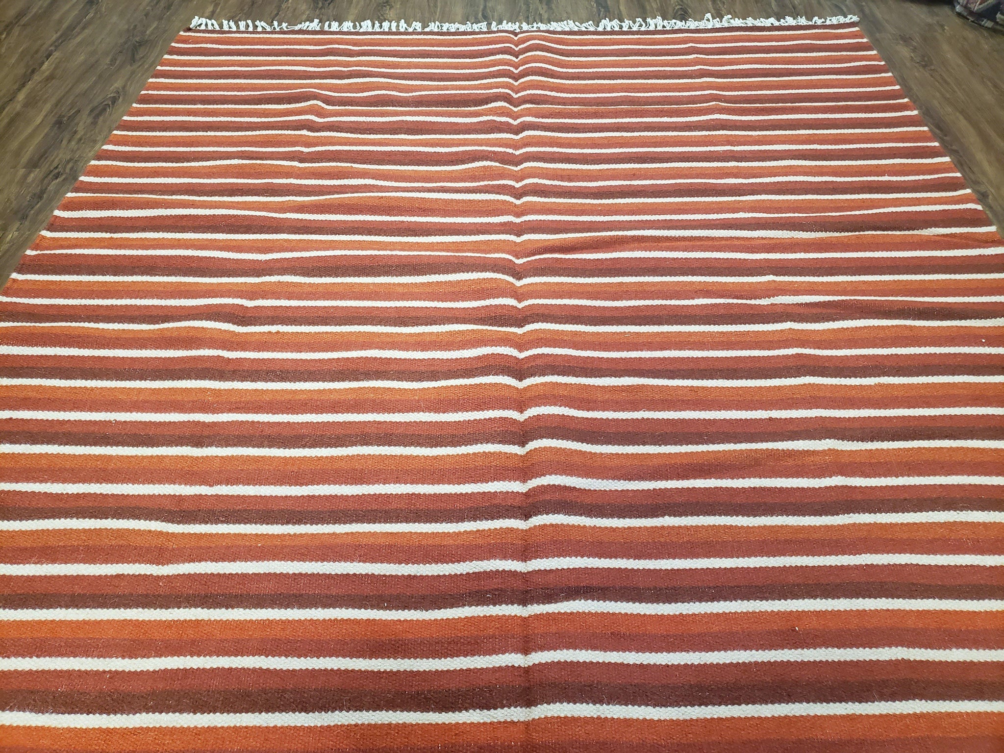 Large Striped Woolen Handmade Throw Blanket, Twin Size Bedding Hand-Woven, Indian Kilim Area Rug, 6x8 - 7x8, South American Style Textile by Jewel Rugs