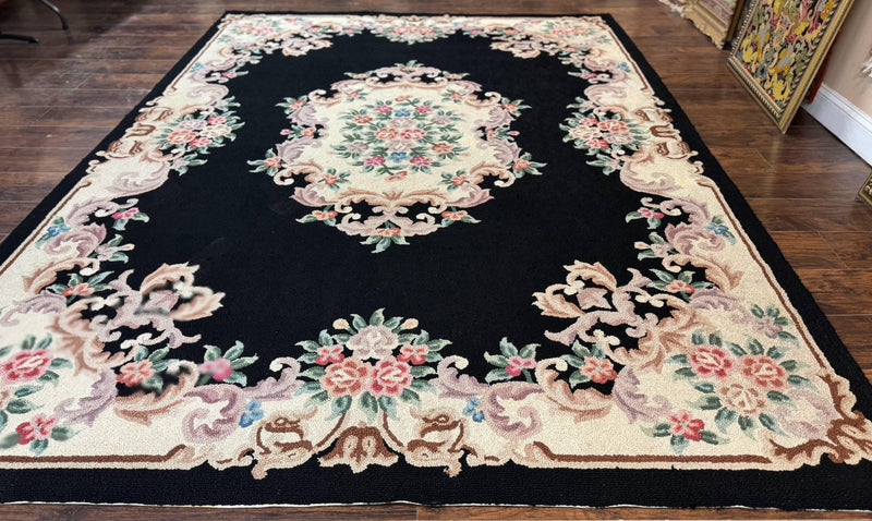 Aubusson Rug 8x11, Black and Ivory, Hooked Rug, Vintage, Wool by Jewel Rugs