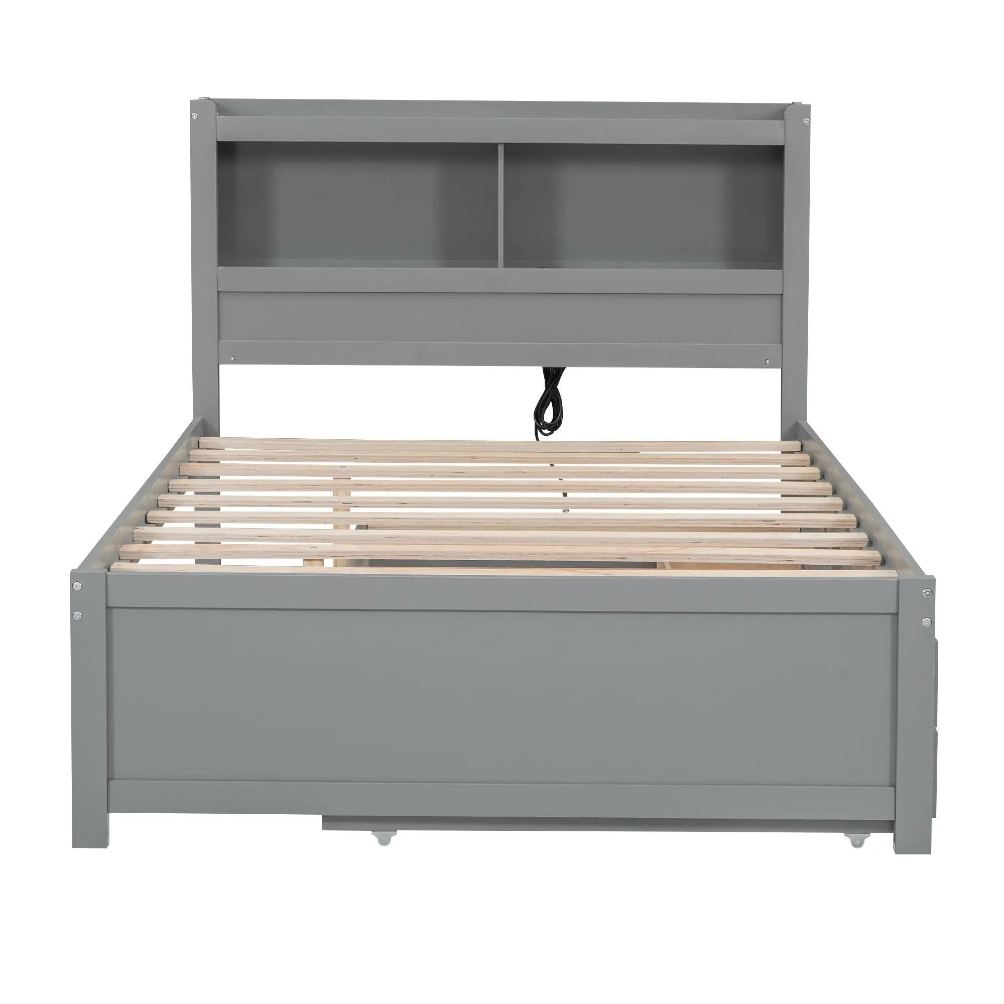 Full Size Platform Bed With Trundle, Drawers, USB Ports And Built In Shelves - Gray by HouseOfZazla