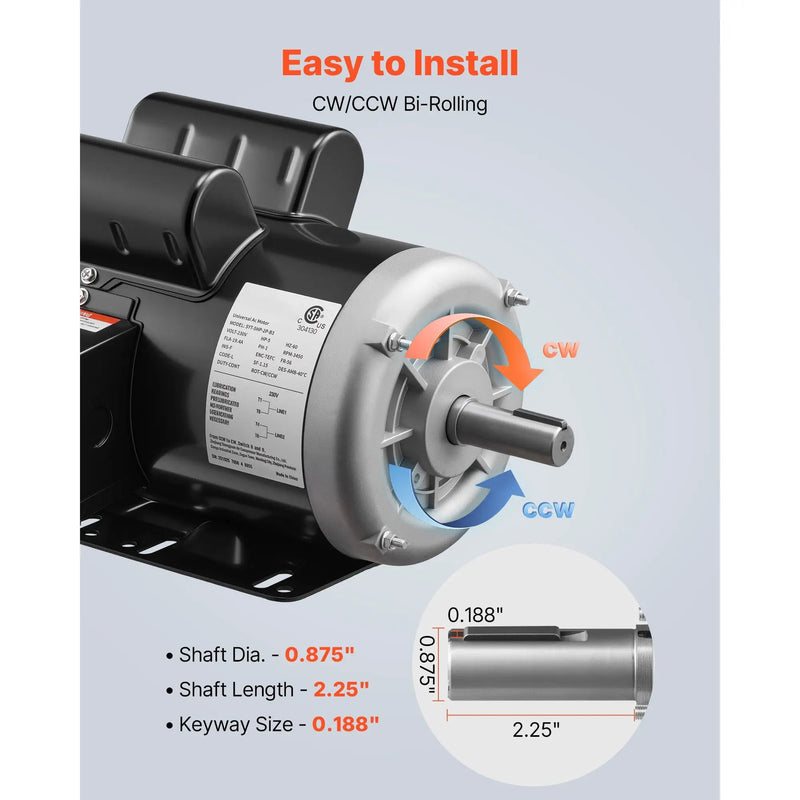 5 HP Electric Motor for Air Compressors, 3450 RPM, Single-Phase 230V by HouseOfZazla