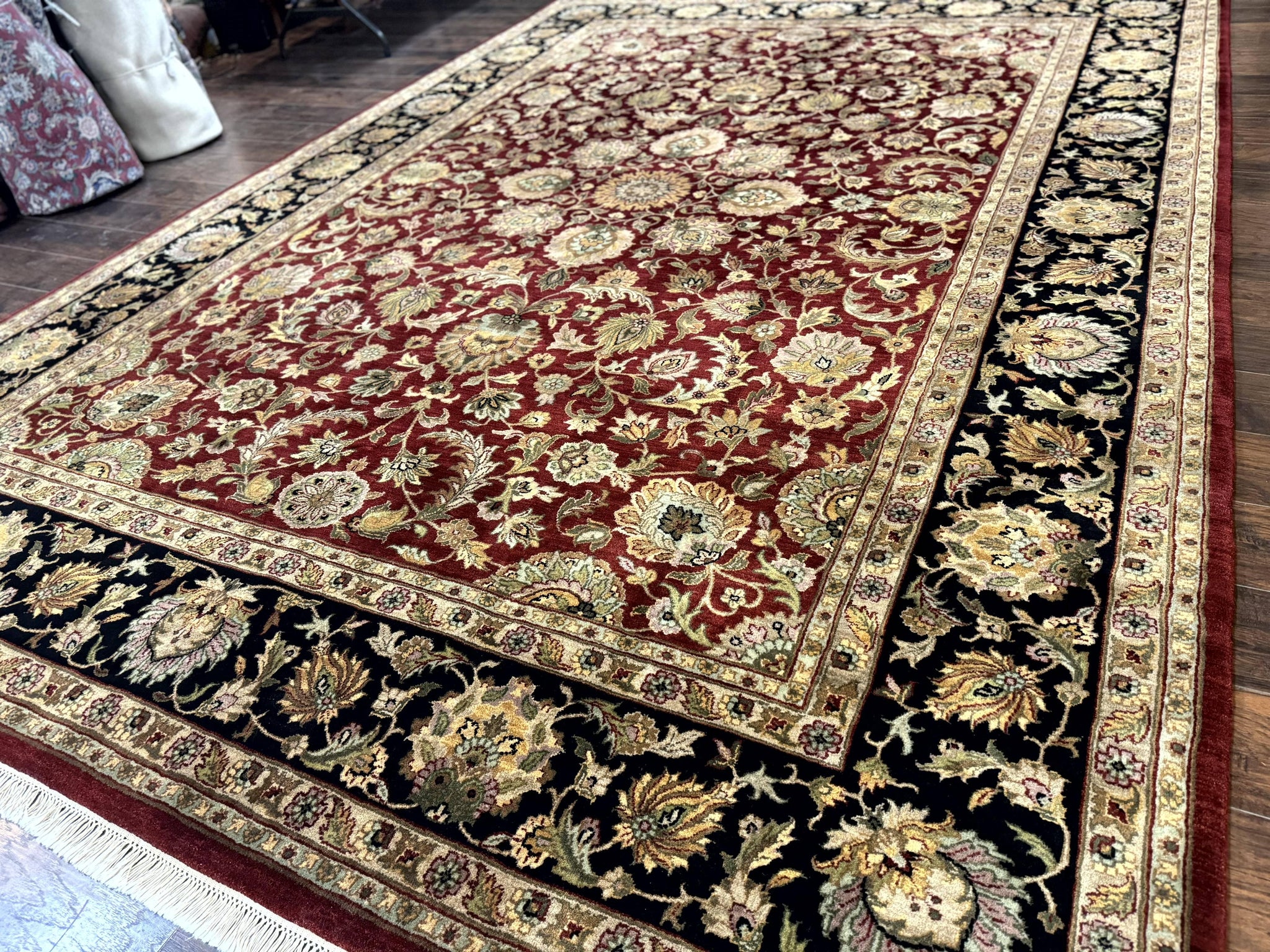 Indian Agra Rug 10x14, Traditional Oriental Carpet, Room Sized Wool Area Rug, Floral, Maroon by Jewel Rugs