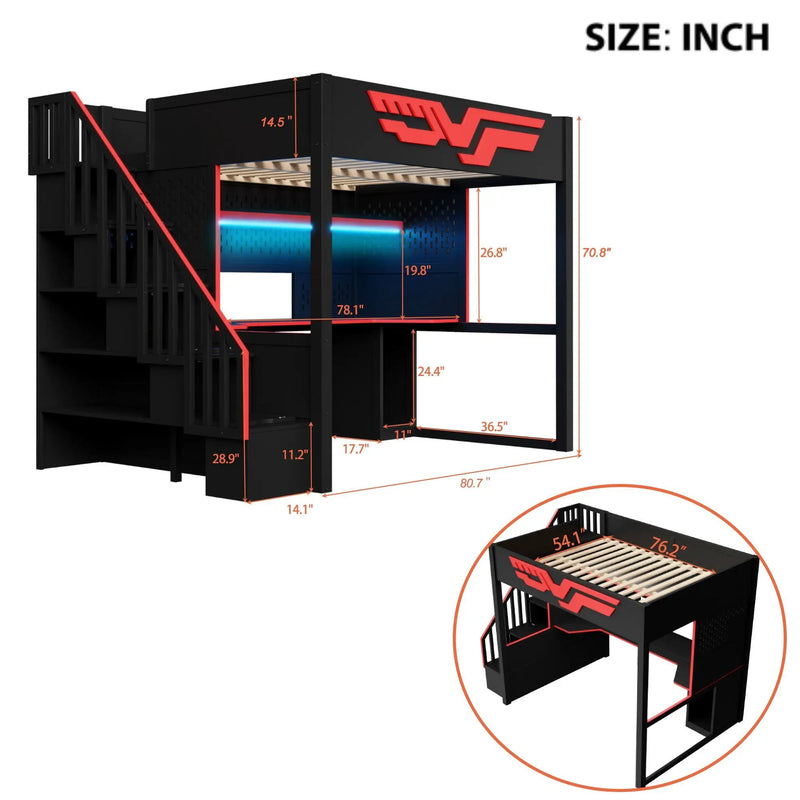 Full Gaming Loft Bed With Desk And Storage Staircase, LED Lights And USB - Red / Black by HouseOfZazla