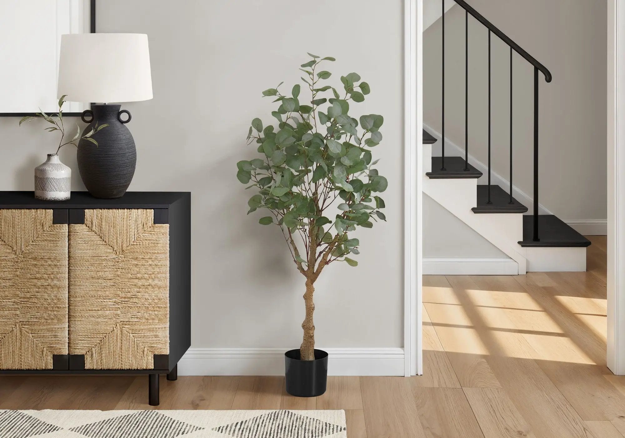 46" Tall, Artificial Plant, Eucalyptus Tree, Indoor, Faux, Fake, Floor, Greenery, Potted, Decorative - Green / Black by Unique Piece Furniture
