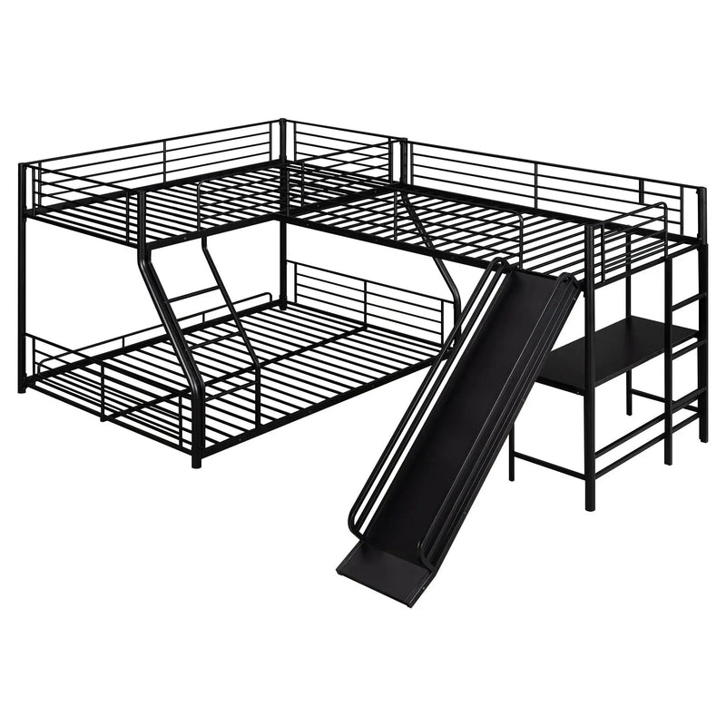 L-Shaped Twin Over Full Bunk Bed With Twin Loft, Built In Desk And Slide - Black by Unique Piece Furniture