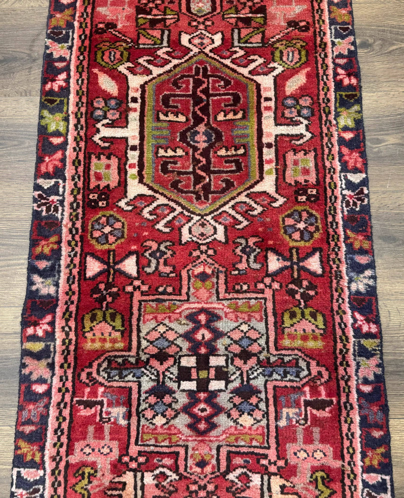 Persian Heriz Karajeh Runner Rug 2x9, Geometric Medallions, Red Navy Blue, 2 x 9 Rug for Hallway by Jewel Rugs