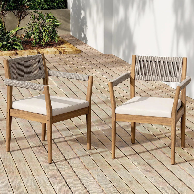 Braided Acacia Wood Outdoor Dining Chairs Set of 2 – Teak Look with Beige Rope & Cream Cushions by HouseOfZazla
