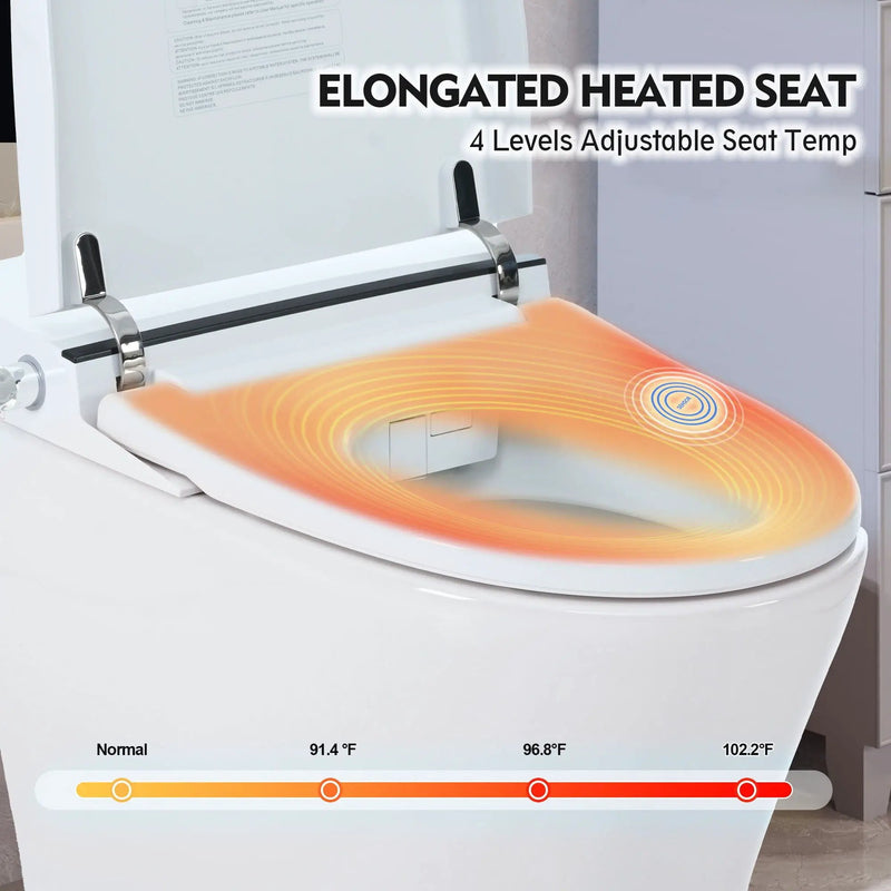 Heated Seat Smart Toilet Without Bidet, Upmarket Compact Dual Flush Toilet 1 / 1.28 Gpf, Tank Less Toilet With Adjustable Temp Heated Seat, Foot Sensor Flush - White Night Light, Knob Control, Power Out by HouseOfZazla