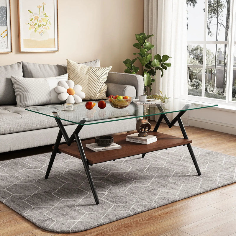 Rectangle Coffee Table With Tempered Glass Top And Shelf by HouseOfZazla