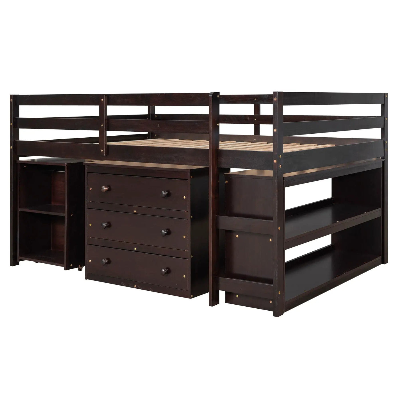 Loft Low Study Bed With Cabinet, Shelves And Rolling Portable Desk, Multiple Functions by Unique Piece Furniture
