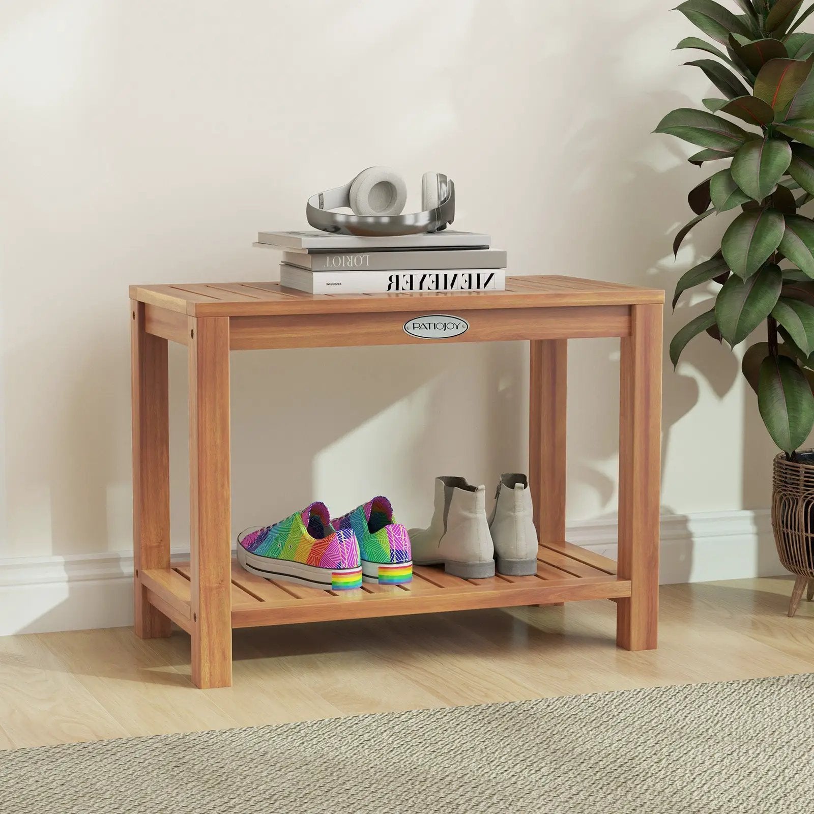 24 Inch Teak Wood Shower Bench Inside Shower Stool with Storage Shelf by DirectDeals