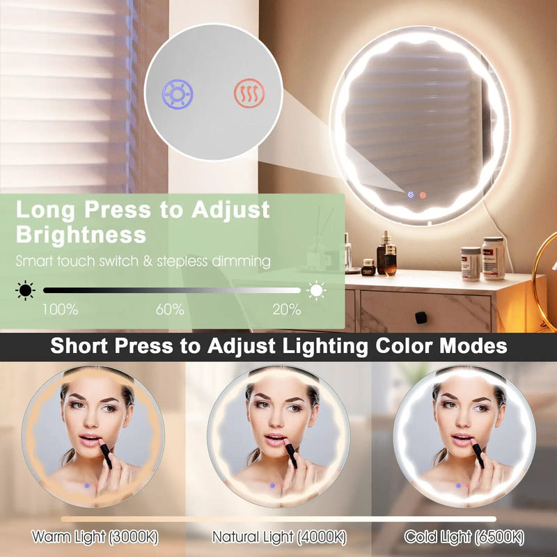 24 Inch Round Wall Mirror with 3-Color LED Lights and Smart Touch Button by DirectDeals