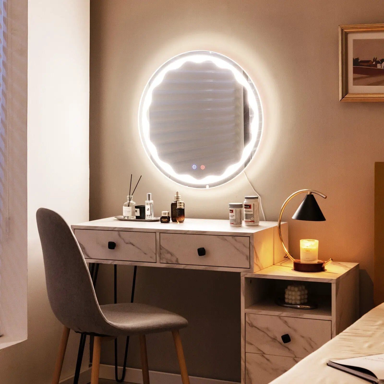 24 Inch Round Wall Mirror with 3-Color LED Lights and Smart Touch Button by DirectDeals