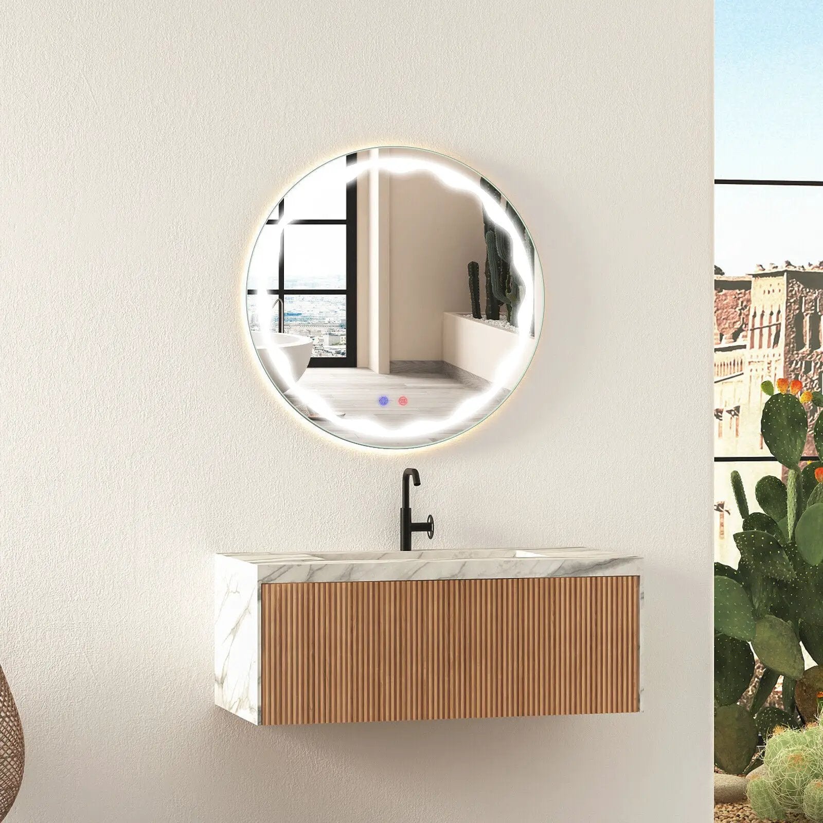 24 Inch Round Wall Mirror with 3-Color LED Lights and Smart Touch Button by DirectDeals