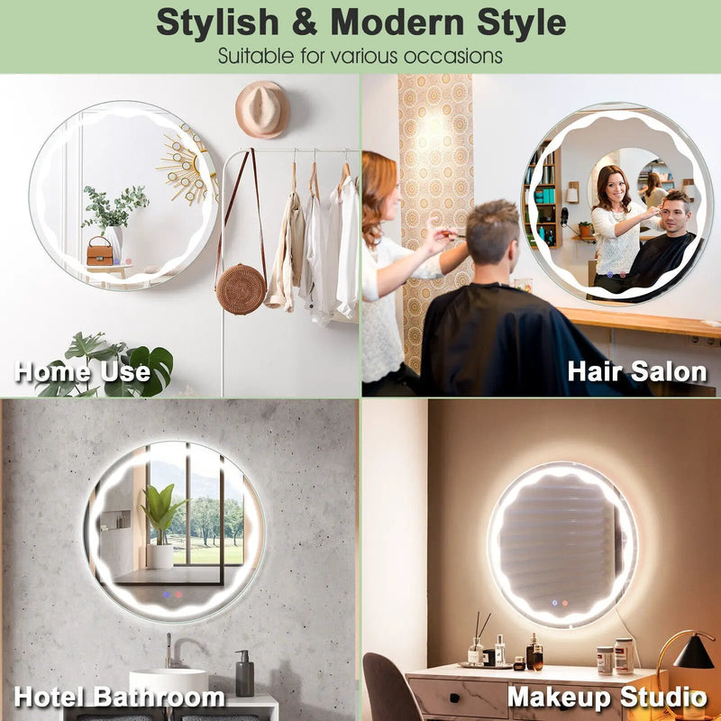 24 Inch Round Wall Mirror with 3-Color LED Lights and Smart Touch Button by DirectDeals