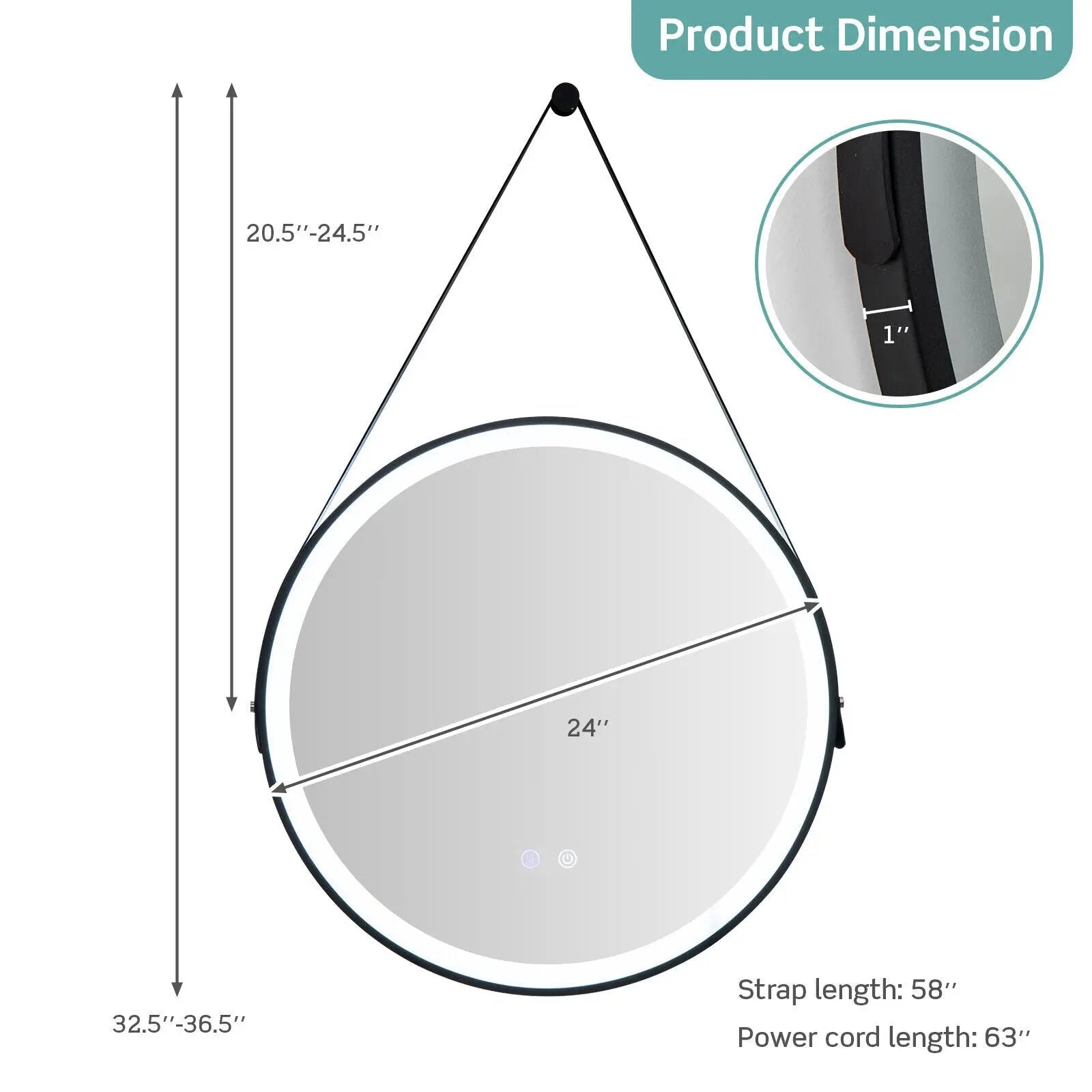 24 Inch Round Wall-mounted Mirror with 3 Color LED Lights and Anti-Fog Function by DirectDeals