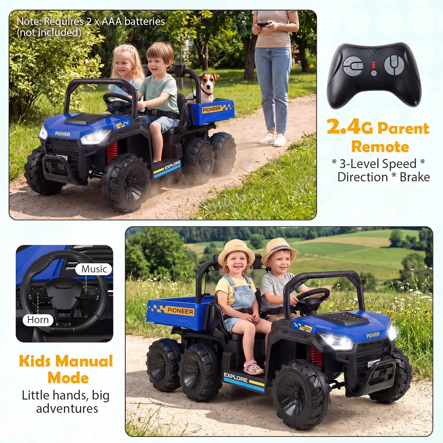 24V 2-Seater Kids Ride on Dump Truck 4WD with Electric Dump Bed and Lights by DirectDeals
