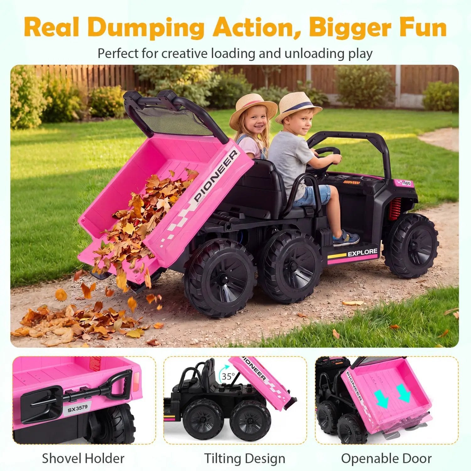 24V 2-Seater Kids Ride on Dump Truck 4WD with Electric Dump Bed and Lights by DirectDeals