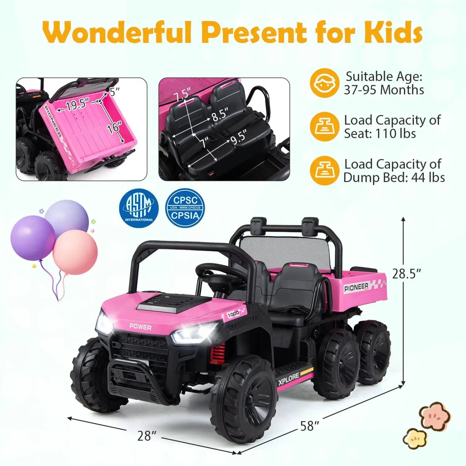 24V 2-Seater Kids Ride on Dump Truck 4WD with Electric Dump Bed and Lights by DirectDeals