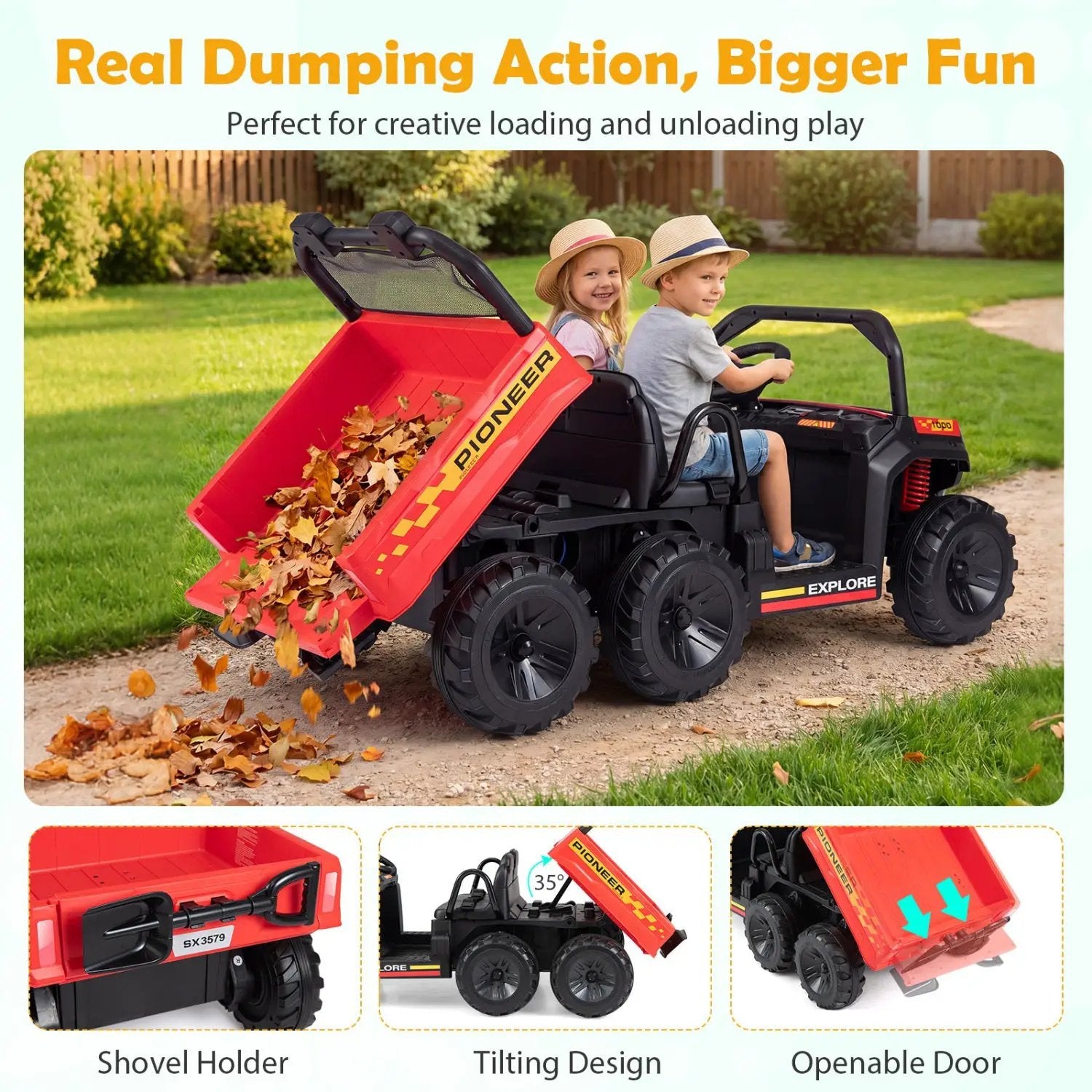 24V 2-Seater Kids Ride on Dump Truck 4WD with Electric Dump Bed and Lights by DirectDeals