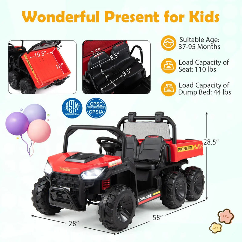 24V 2-Seater Kids Ride on Dump Truck 4WD with Electric Dump Bed and Lights by DirectDeals