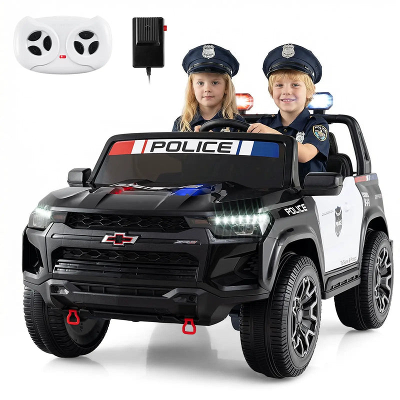 24V 2-Seater Ride on Police Car 4WD Chevrolet with Megaphone and LED Flashing Lights-Black by DirectDeals