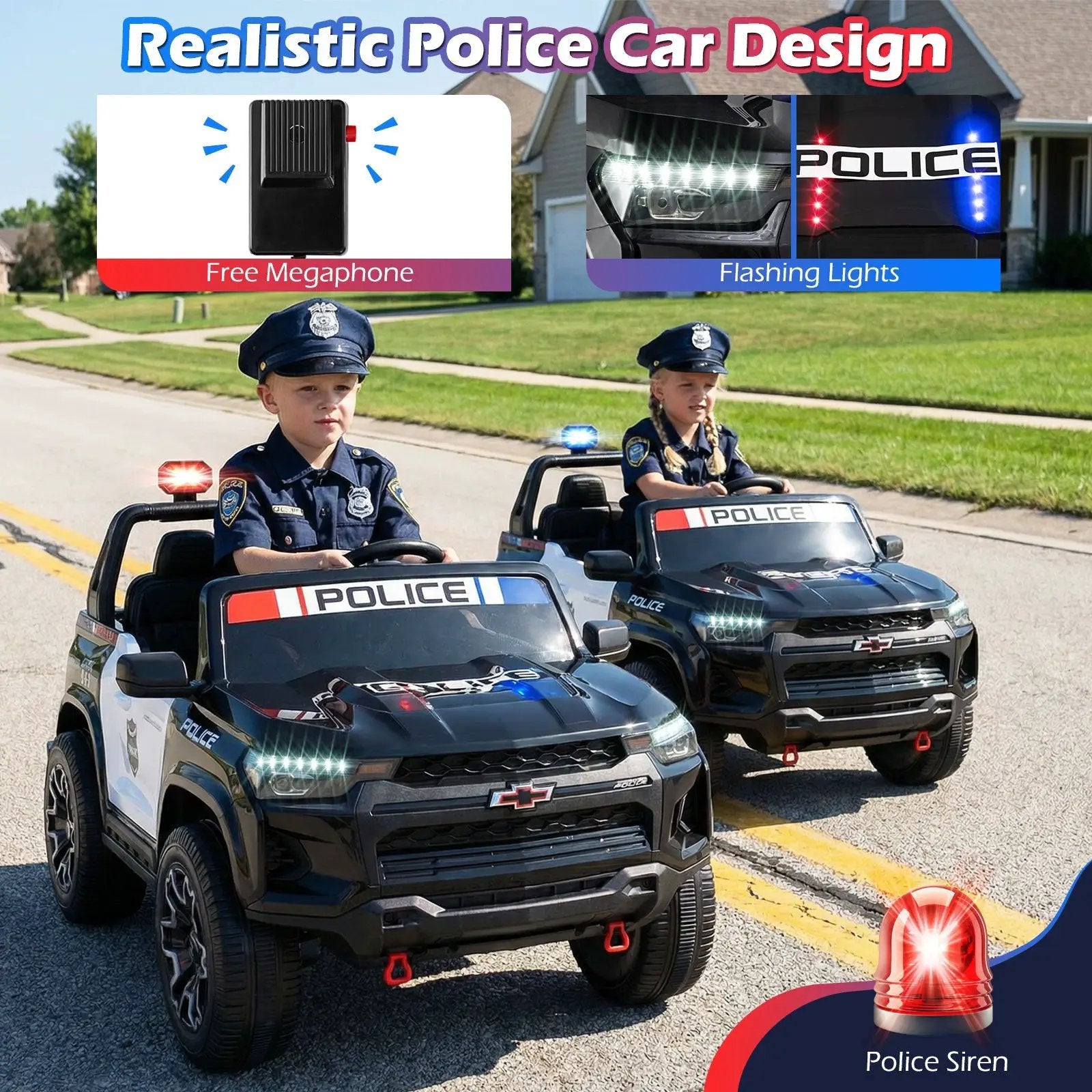 24V 2-Seater Ride on Police Car 4WD Chevrolet with Megaphone and LED Flashing Lights-Black by DirectDeals