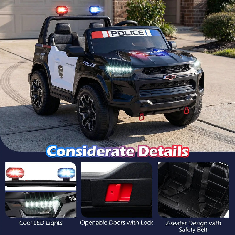 24V 2-Seater Ride on Police Car 4WD Chevrolet with Megaphone and LED Flashing Lights-Black by DirectDeals