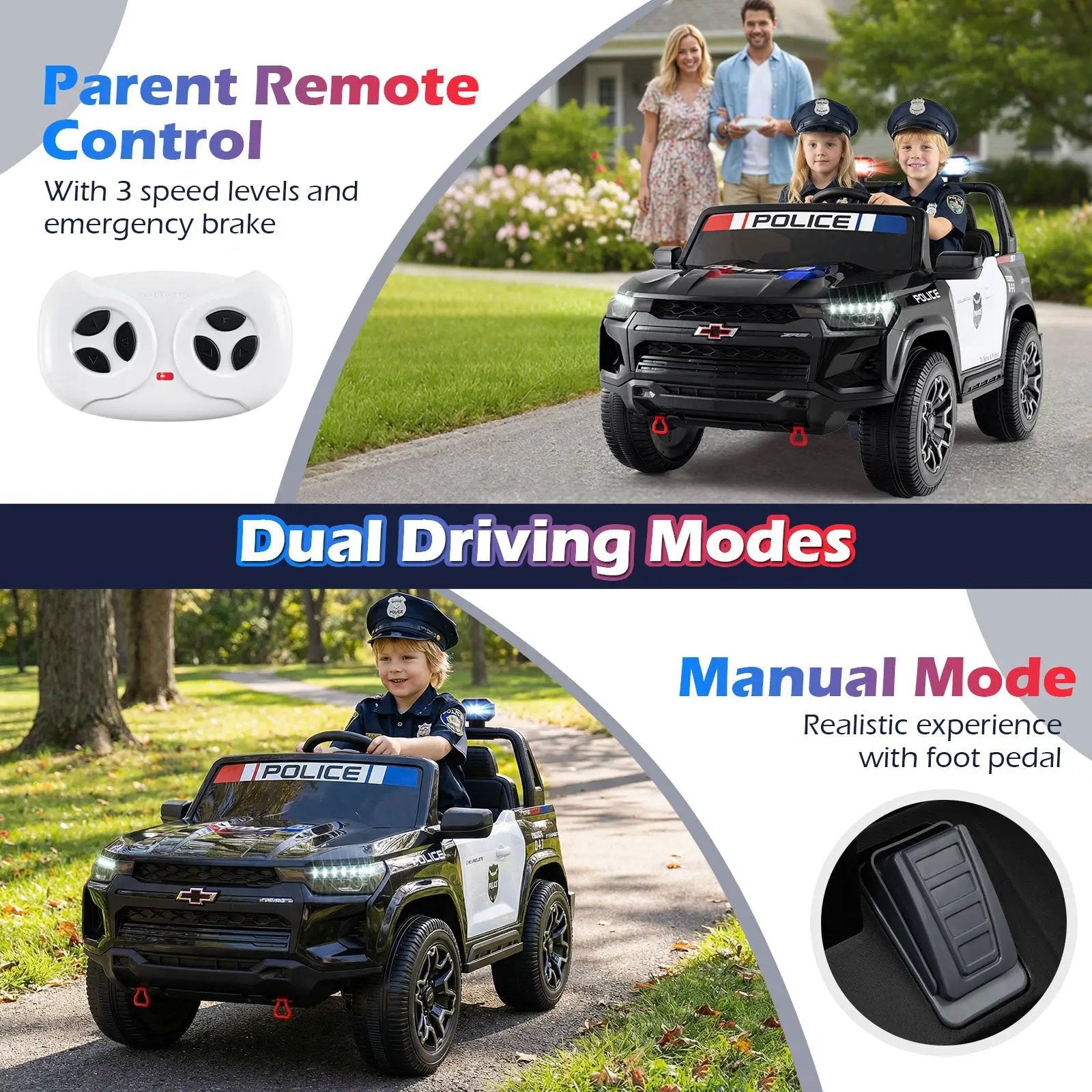 24V 2-Seater Ride on Police Car 4WD Chevrolet with Megaphone and LED Flashing Lights-Black by DirectDeals