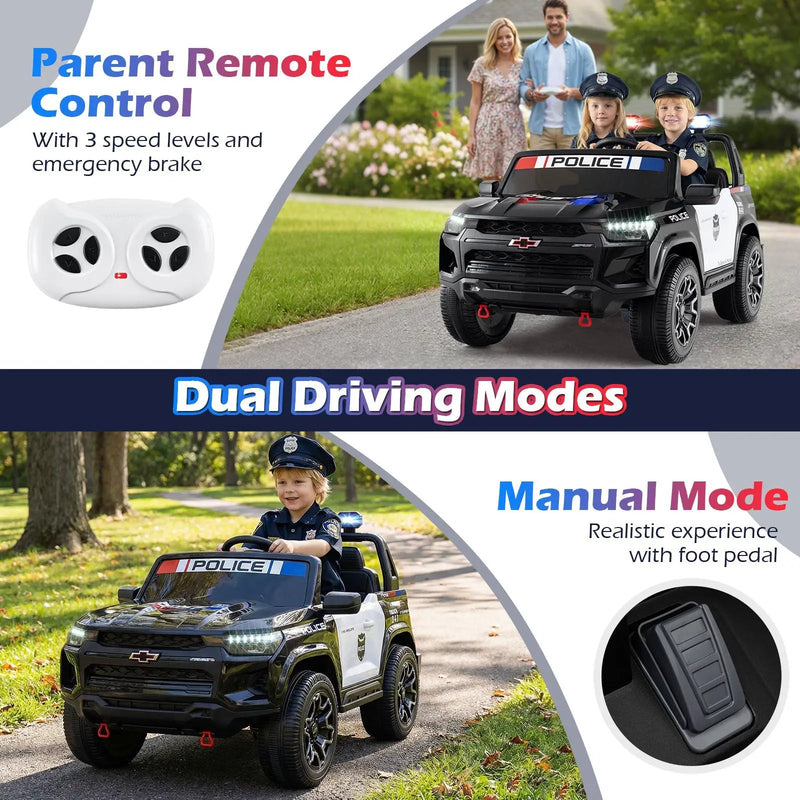 24V 2-Seater Ride on Police Car 4WD Chevrolet with Megaphone and LED Flashing Lights-Black by DirectDeals
