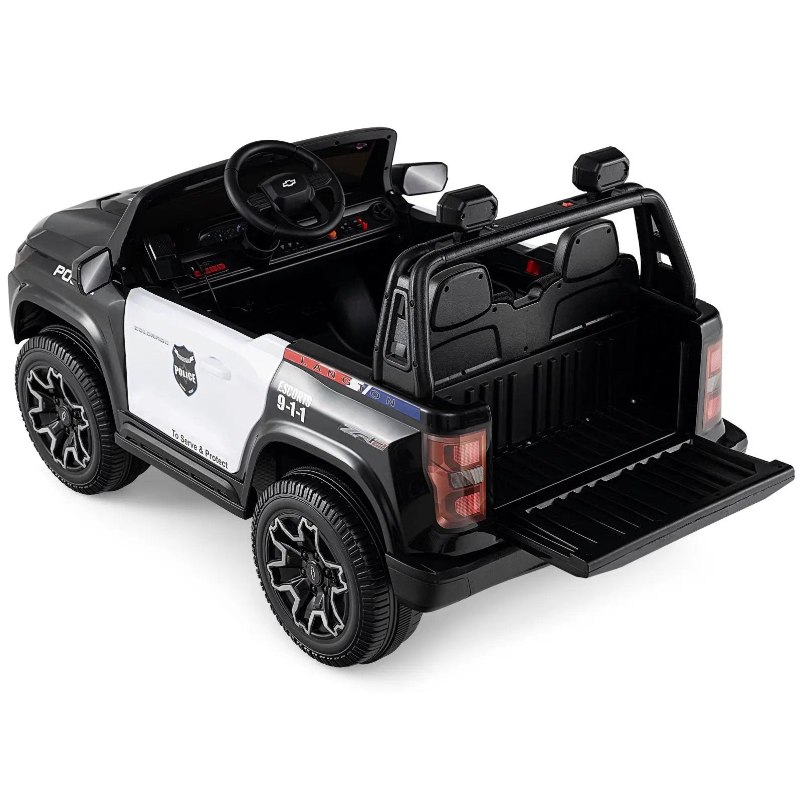 24V 2-Seater Ride on Police Car 4WD Chevrolet with Megaphone and LED Flashing Lights-Black by DirectDeals