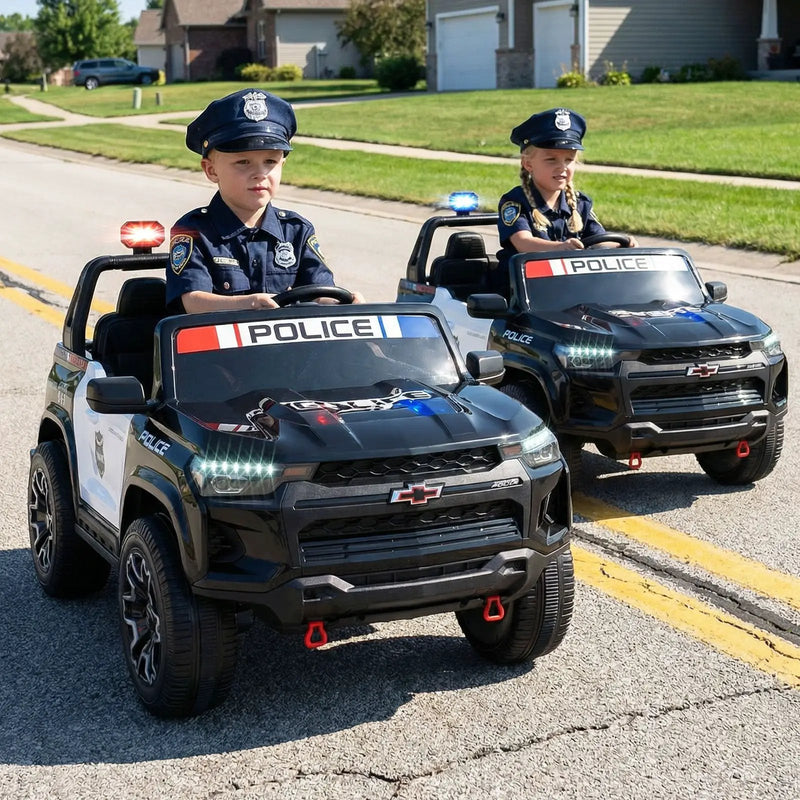 24V 2-Seater Ride on Police Car 4WD Chevrolet with Megaphone and LED Flashing Lights-Black by DirectDeals