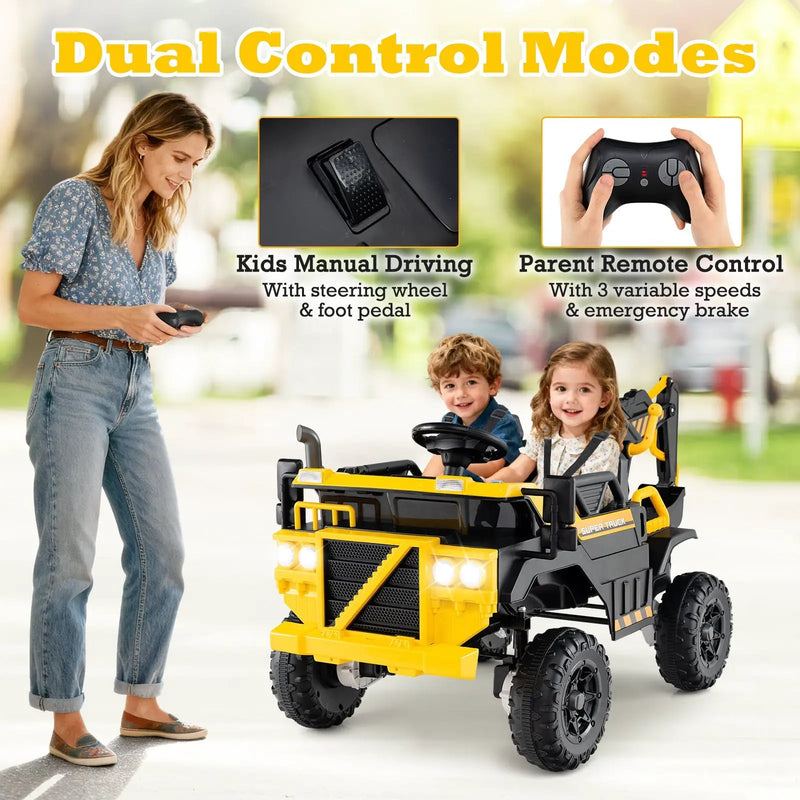 24V Ride On Excavator 4WD 2-Seater with Remote Control and Digging Arm-Yellow by DirectDeals